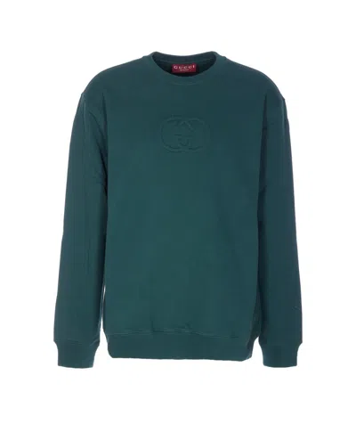 Gucci Long Sleeve Crewneck Sweatshirt With Ribbed Cuffs And Hem In Green