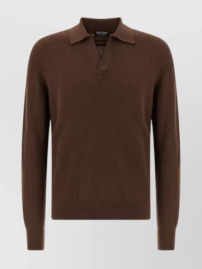 Zegna Cashmere Jacquard Long Sleeve Polo In Brown