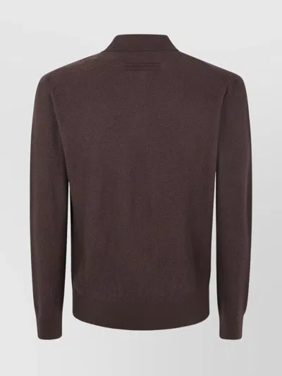 Zegna Cashmere Jacquard Long Sleeve Polo In Brown