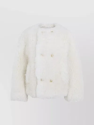 Celine Luxurious Double-breasted Faux Fur Coat In White