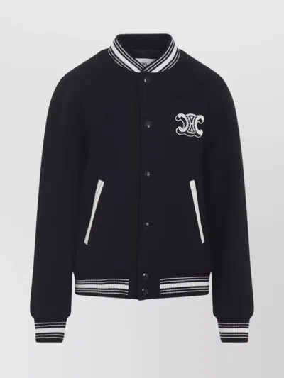 Celine Ribbed Collar Teddy Jacket With Side Pockets In Black