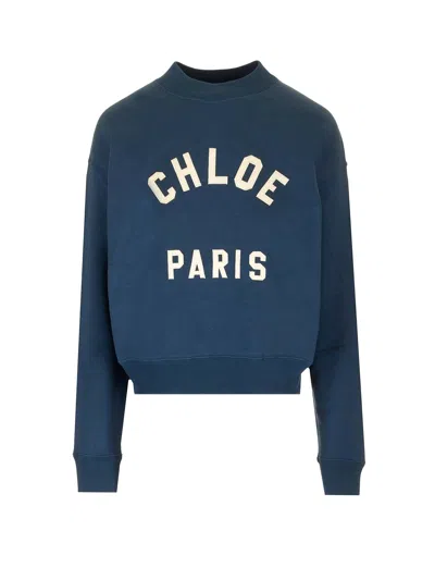 Chloé Crew Neck Logo Sweater In Blue