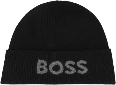 Hugo Boss Black Wool Blend Elios Beanie Hat In Black