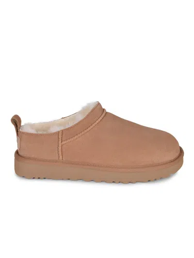 Ugg Classic Micro Beige Ankle Boots With Logo Embossed In Suede Woman In Brown