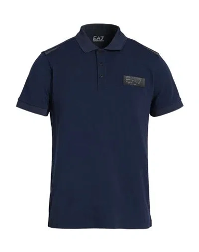 Ea7 Man Polo Shirt Navy Size Xl Cotton, Elastane In Blue
