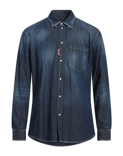 Dsquared2 Man Denim Shirt Blue Size 44 Cotton, Elastane In Blue