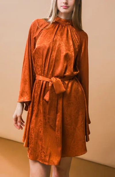 Flying Tomato Long Sleeve Satin Minidress In Brown