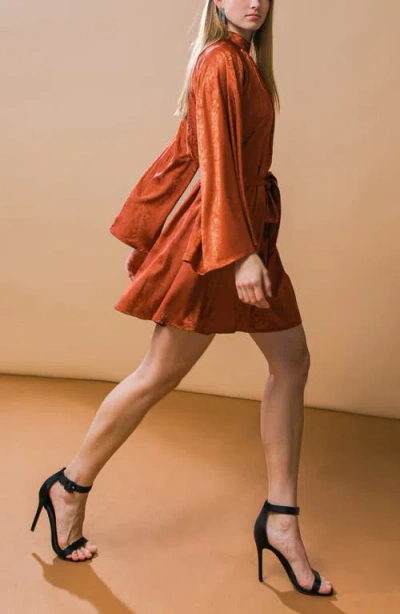 Flying Tomato Long Sleeve Satin Minidress In Brown