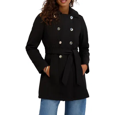 Kensie Hooded Double Breasted Soft Shell Jacket In Black