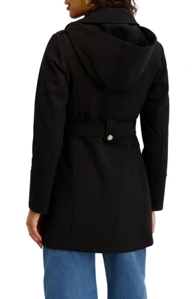Kensie Hooded Double Breasted Soft Shell Jacket In Black
