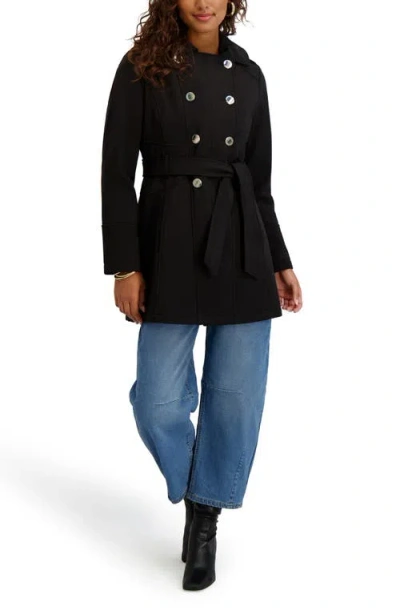 Kensie Hooded Double Breasted Soft Shell Jacket In Black