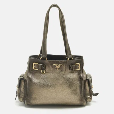 Pre-owned Prada Metallic Ombre Vitello Daino Leather Side Pocket Tote In Silver