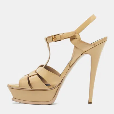 Pre-owned Saint Laurent Beige Patent Leather Tribute Platform Sandals Size 40