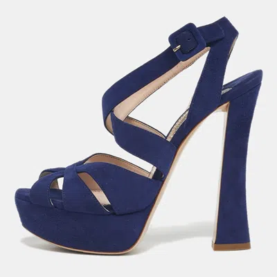 Pre-owned Miu Miu Blue Suede Platform Ankle Strap Sandals Size 36.5