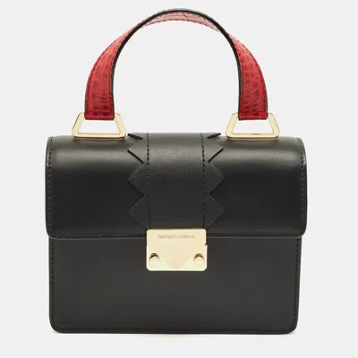Pre-owned Emporio Armani Black/red Croc Embossed And Leather Metal Flap Top Handle Bag
