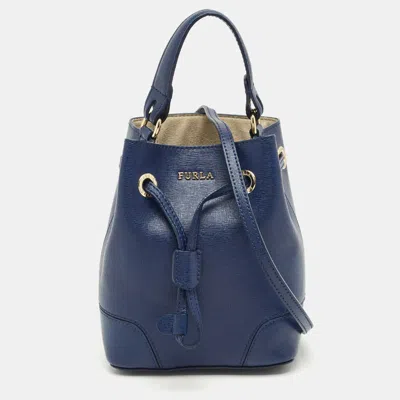 Pre-owned Furla Navy Blue Leather Mini Stacy Drawstring Bucket Bag