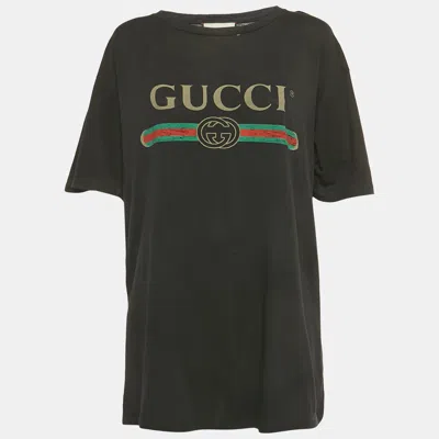 Pre-owned Gucci Black Vintage Print Jersey Distressed T-shirt M