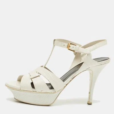 Pre-owned Saint Laurent White Lizard Embossed Leather Tribute Platform Sandals Size 37.5