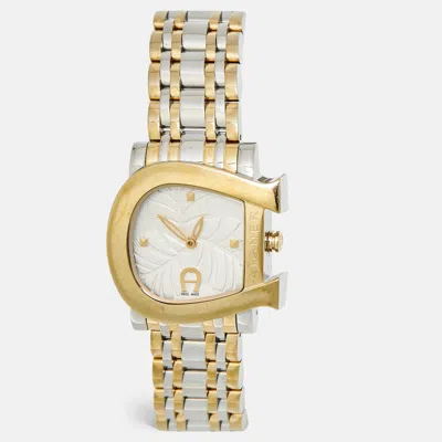 Pre-owned Aigner Genua Due A31600 Cream Leaves Two-tone Stainless Steel Women's Wristwatch 31 Mm In Silver