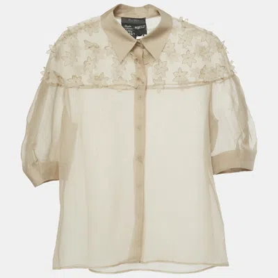 Pre-owned Max Mara Beige Floral Applique Organza Silk Sheer Shirt Xs In Sand