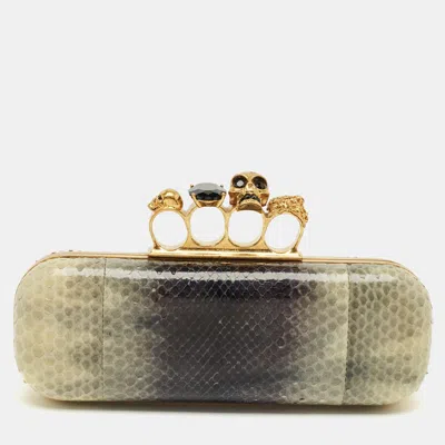 Pre-owned Alexander Mcqueen Beige/navy Blue Python Skull Knuckle Duster Clutch In Sand
