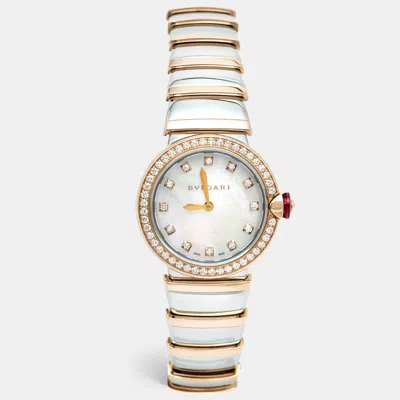 Pre-owned Bvlgari Lvcea 102475 White Mother Of Pearl Diamond 18k Rose Gold Stainless Steel Women's Wristwatch 28 Mm