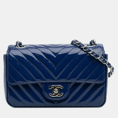 Pre-owned Chanel Blue Mini Rectangular Classic Chevron Patent Single Flap