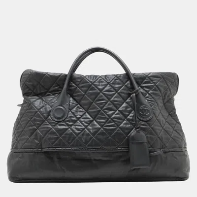 Pre-owned Chanel Quilted Coated Canvas Horizontal Sport Weekender In Black