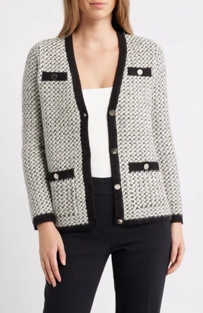 Anne Klein Knit Houndstooth Cardigan In Gray