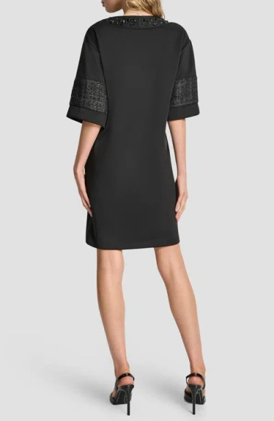 Dkny Embellished Neck Mixed Media Shift Dress In Black