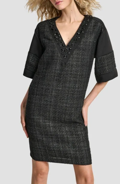 Dkny Embellished Neck Mixed Media Shift Dress In Black