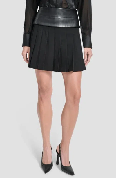 Dkny Pleated Mixed Media Miniskirt In Black