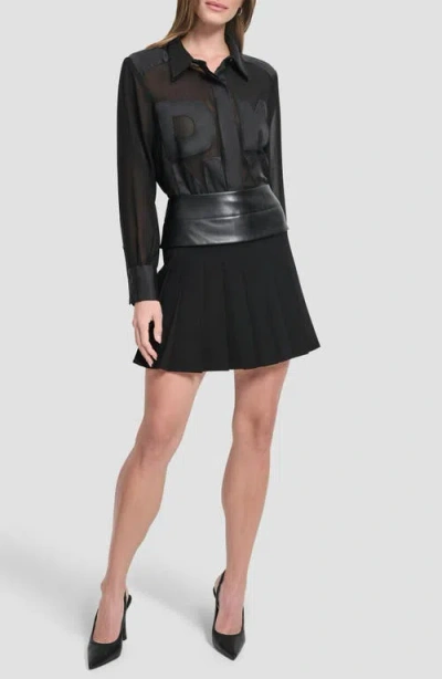 Dkny Pleated Mixed Media Miniskirt In Black