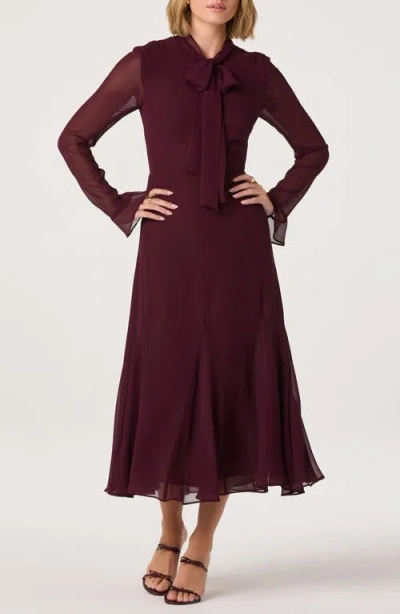 Astr The Label Tie Neck Long Sleeve Dress In Burgundy