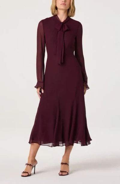 Astr The Label Tie Neck Long Sleeve Dress In Burgundy