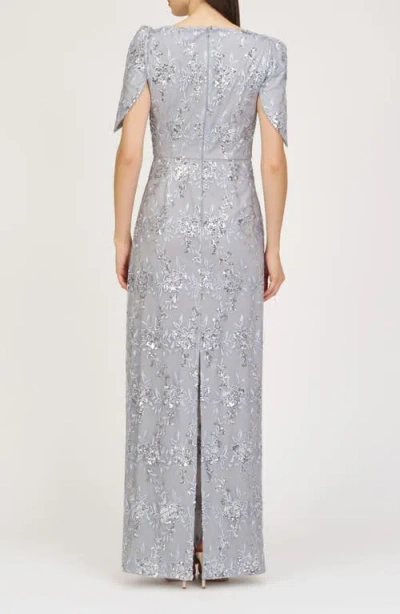 Js Collections Elena Floral Embroidered Column Gown In Silver