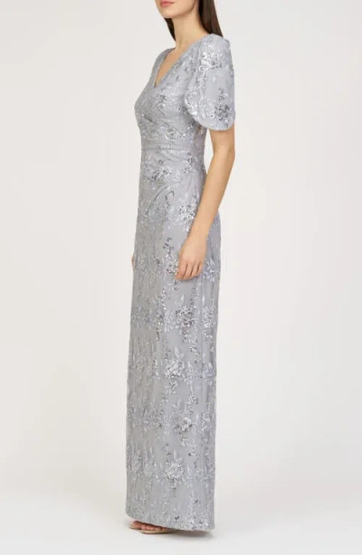 Js Collections Elena Floral Embroidered Column Gown In Silver