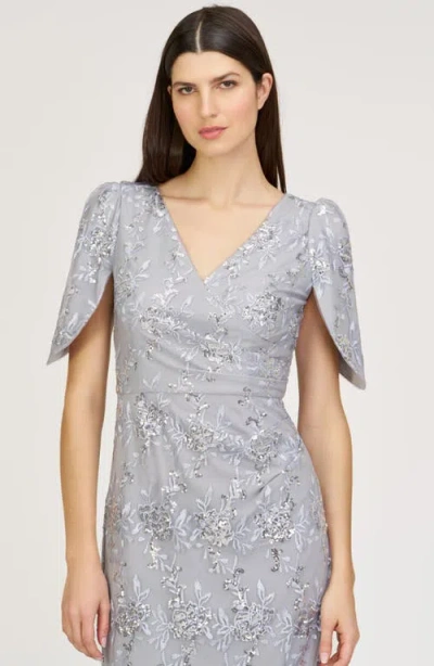 Js Collections Elena Floral Embroidered Column Gown In Silver