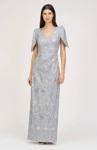 Js Collections Elena Floral Embroidered Column Gown In Silver