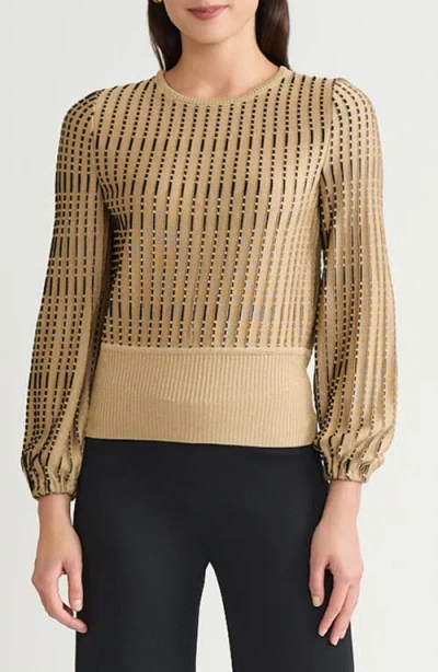 Ming Wang Linear Metallic Knit Top In Brown