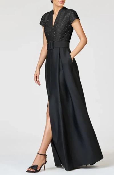 Sachin & Babi Arden Mixed Media Belted Gown In Black