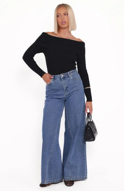 Petal And Pup Petal & Pup Junia Tie Back Off The Shoulder Rib Top In Black