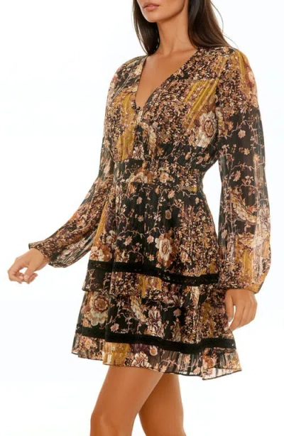 Socialite Mixed Print Tiered Hem Long Sleeve Minidress In Brown