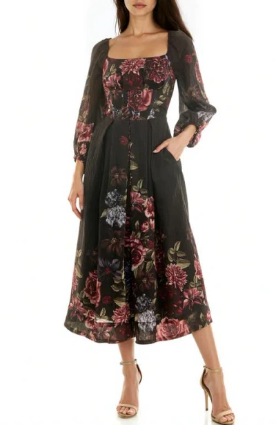 Socialite Long Sleeve Smocked Back Panel Midi Dress In Black