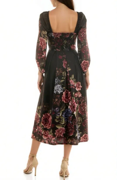 Socialite Long Sleeve Smocked Back Panel Midi Dress In Black