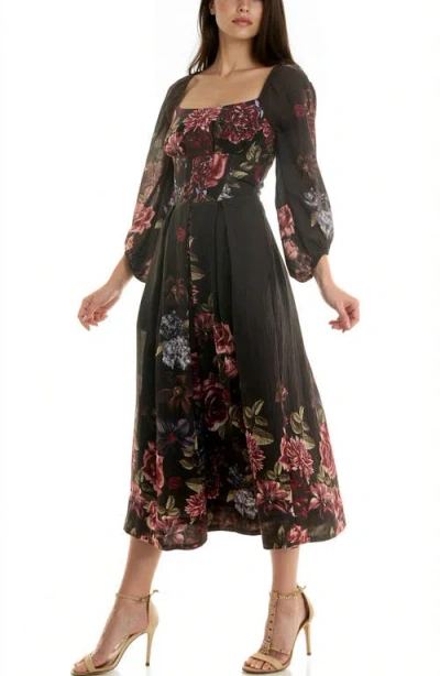 Socialite Long Sleeve Smocked Back Panel Midi Dress In Black