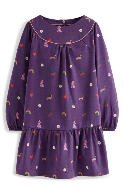 Mini Boden Kids' Curved Yoke Long Sleeve Cotton Jersey Dress In Purple
