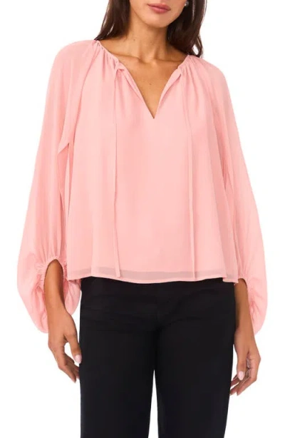 Vince Camuto Sheer Sleeve Tie Neck Top In Pink