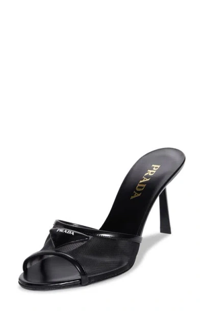 Prada Triangle Logo Mesh Slide Sandal In Black
