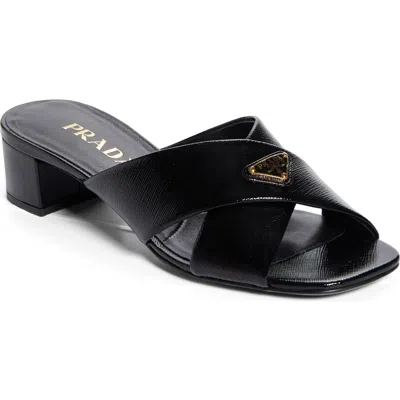 Prada Block Heel Square Toe Sandal In Black